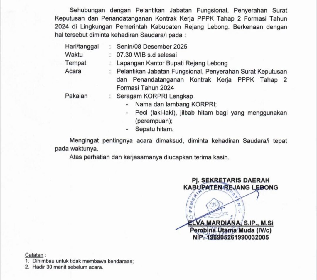 Undangan Pelantikan PPPK Rejang Lebong tahap 2 tahun 2024. 